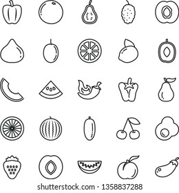 thin line vector icon set - chili vector, peper, fried egg, strawberry, cherry, ripe peach, half apricot, plum, fig, mulberry, water melon, slice of, delicious, date fruit, passion, yellow lemon