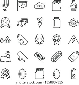 thin line vector icon set - danger of electricity vector, add bookmark, label, toys over the cot, winch hook, Hot Dog, bottle, melon, tamarillo, physalis, radish, CO2, jar, vintage sign, season sale