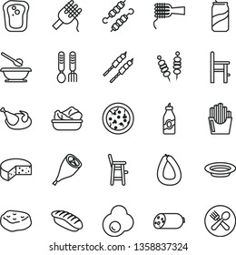 thin line vector icon set - plates and spoons vector, a chair for feeding, child, iron fork, sausage, stick of, cheese, fried vegetables on sticks, pizza, spaghetti, noodles, lettuce in plate, piece