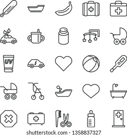 thin line vector icon set - heart symbol vector, mark of injury, first aid kit, toys over the cot, mug for feeding, bottle, powder, baby stroller, carriage, sitting, electronic thermometer e, banana