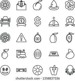 thin line vector icon set - warning vector, children's train, concrete mixer, building level, peper, ripe peach, squash, quince, melon, half of mango, loquat, yellow lemon, juicy, slice, pineapple
