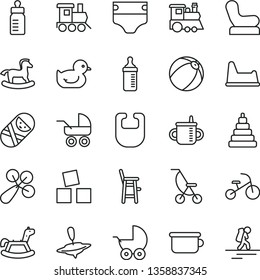 thin line vector icon set - mug for feeding vector, bottle, measuring, diaper, bib, baby rattle, chair, stroller, carriage, summer, duckling, bath ball, stacking toy, tumbler, children's potty