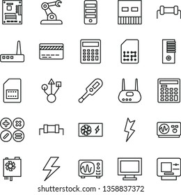 thin line vector icon set - lightning vector, monitor window, bank card, calculator, electronic thermometer e, math actions, assembly robot, SIM, engineer, pc power supply, tower, motherboard, usb
