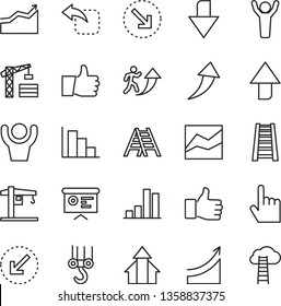 thin line vector icon set - upward direction vector, downward, line chart, positive histogram, crane, tower, winch hook, stepladder, ladder, left bottom arrow, index finger, thumb up, move, right
