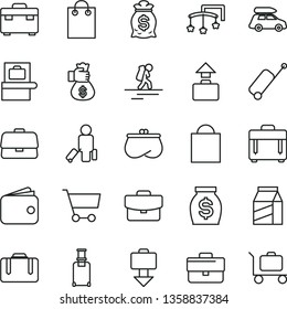 thin line vector icon set - briefcase vector, paper bag, toys over the cot, suitcase, case, package, cart, wallet, purse, money, hand, car baggage, backpacker, passenger, rolling, scanner, getting