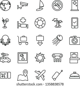thin line vector icon set - earth vector, baggage scanner, plane ticket, phone registration, rolling case, getting, sun, palm tree, hawaii wreath, cocktail, hospital bed, medical room, camera, photo