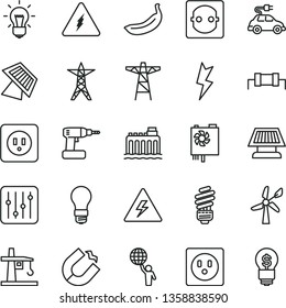 thin line vector icon set - danger of electricity vector, cordless drill, saving light bulb, power socket type b, lightning, regulator, banana, wind energy, hydroelectricity, line, pole, tower crane