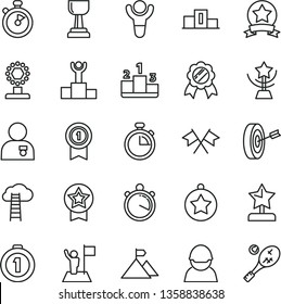 thin line vector icon set - stopwatch vector, pedestal, racer, winner, podium, cup, gold, star, reward, man with medal, flag, mountain, purpose, first place, pennant, ribbon, cross flags, tennis