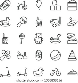 thin line vector icon set - beanbag vector, baby rattle, duckling, bath ball, stacking toy, roly poly doll, tumbler, phone, mobile, sand set, small teddy bear, yule, rocking horse, balloon, tricycle