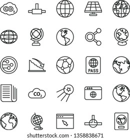 thin line vector icon set - sign of the planet vector, globe, earth, passport, solar panel, CO2, carbon dyoxide, connections, recession, newspaper, network, browser, connect, first satellite