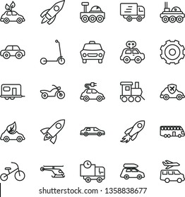thin line vector icon set - truck lorry vector, motor vehicle, present, baby toy train, tricycle, child Kick scooter, car, delivery, eco, environmentally friendly transport, electric, autopilot, bus