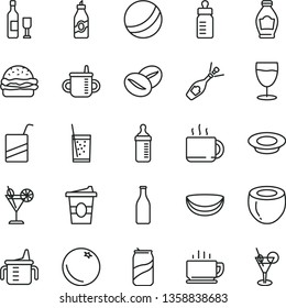 thin line vector icon set - mug for feeding vector, measuring cup, bottle, bath ball, e, coffee, burger, a plate of milk, beans, tea, coffe to go, glass soda, cocktail, can, orange, liquor, half