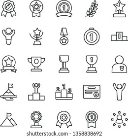 thin line vector icon set - pedestal vector, medal, winner, laurel branch, podium, prize, award, cup, gold, star, reward, man hands up, with, motivation, mountain flag, first place, pennant, ribbon