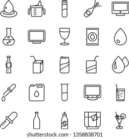 thin line vector icon set - measuring cup for feeding vector, e, packing of juice with a straw, drop, screen, glass soda, tea, can, bottle, liquor, flask, oil, canister, monitor, test tube, pipette