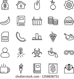 thin line vector icon set - burger vector, chicken, beet, cup of tea, large grape, slice melon, banana, battery, gear, mercury thermometer, SIM card, steel production, man, coins, chart, dollars