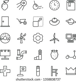 thin line vector icon set - hat vector, plus, book, a chair for feeding, Kick scooter, building trolley, ntrance door, core, planet, expand picture, glazed cake with hole, quince, tasty raspberry