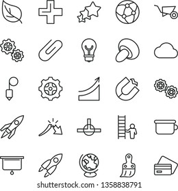 thin line vector icon set - plus vector, children's potty, gears, building trolley, plastic brush, plummet, bulb, clip, porcini, leaf, gear, horseshoe magnet, a crisis, network, connect, cloud