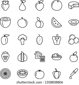 thin line vector icon set - estimate vector, cheese, a plate of fruit, milk, peper, strawberry, apple, pear, orange slice, apricot, red, blueberries, mulberry, tangerine, ripe plum, half, coconut