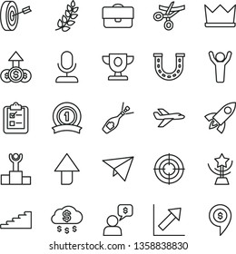 thin line vector icon set - upward direction vector, growth chart, survey, portfolio, laurel branch, winner podium, prize, star cup, stairway, man hands up, purpose, medal ribbon, aim, money rain