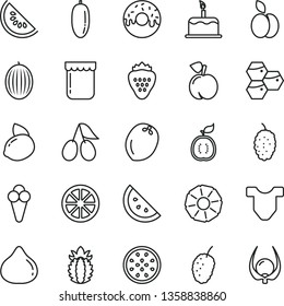 thin line vector icon set - Child T shirt vector, cake, glazed with a hole, cone, jam, strawberry, apple, orange slice, honeycombs, peach, cornels, fig, mulberry, tasty, melon, of water, date fruit