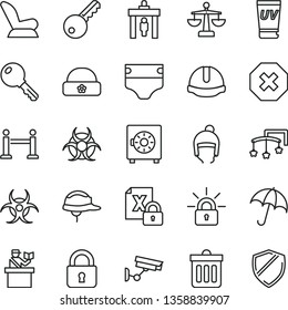 thin line vector icon set - mark of injury vector, scales, toys over the cot, diaper, car child seat, winter hat, warm, construction helmet, dust bin, lock, key, umbrella, strongbox, encrypting
