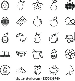 thin line vector icon set - children's sand set vector, pear, ripe peach, half apricot, pomegranate, strawberry, melon, mango, delicious plum, water slice, tasty, of guawa, pineapple, guava, trees