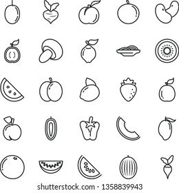 thin line vector icon set - slices of onion vector, porcini, peper, orange slice, peach, ripe, apple, quince, raspberry, melon, water, mango, tangerine, passion fruit, sweet date, yellow lemon, beet