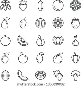 thin line vector icon set - apple vector, orange, ripe peach, grape, quince, pear, strawberry, blackberry, tasty mulberry, melon, water, slice of, goji berry, date fruit, tangerine, lemon, juicy