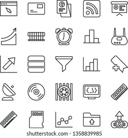 thin line vector icon set - add bookmark vector, rss feed, bar chart, graph, growth, negative histogram, upload folder, alarm clock, CD, pass card, satellite antenna, filter, statistical research