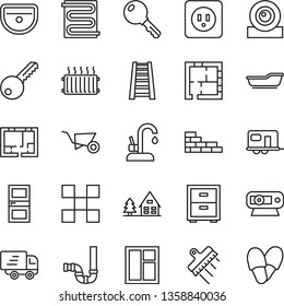 thin line vector icon set - bedside table vector, bath, brick wall, building trolley, window, stepladder, sink, siphon, laying out, lay of flat, power socket type b, key, interroom door, tile