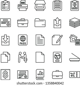 thin line vector icon set - briefcase vector, clean sheet of paper, scribbled, folder, upload archive data, download, estimate, passport, pile, notes, survey, statistical overview, financial item