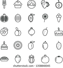 thin line vector icon set - muffin vector, torte, birthday cake, glazed with a hole, apple pie, lollipop, popsicle, cone, strawberries, pomegranate, half, branch of grape, raspberry, medlar, tasty