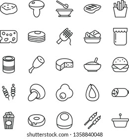 thin line vector icon set - baby bib vector, plates and spoons, sausage, stick of, piece cheese, tin, fried vegetables on sticks, big burger, spaghetti, mushroom, porcini, cake with a hole, chop