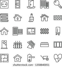 thin line vector icon set - house vector, dwelling, brickwork, building trolley, window frame, wooden paint brush, laying out, lay of flat, power socket type f, door knob, interroom, buildings, new