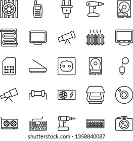 thin line vector icon set - camera vector, keyboard, cordless drill, power socket type f, plummet, heating coil, electric plug, SIM, cast iron radiator, mobile phone, fan, pc supply, gpu card, hdd