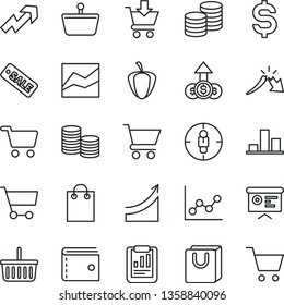 thin line vector icon set - grocery basket vector, purse, growth up, line chart, graph, cart, put in, bag with handles, coins, ripe pepper, shopping, goal woman, a crisis, statistical report