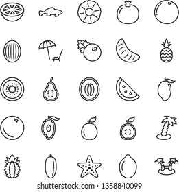 thin line vector icon set - small fish vector, blueberries, a pineapple, orange slice, pomegranate, melon, mango, half of, date fruit, tangerine, lime, kiwi, guava, guawa, ripe, grapefruit, part