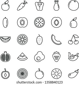 thin line vector icon set - chili vector, peper, carrot, fried egg, strawberry, cherry, half apricot, pomegranate, plum, rose hip, mulberry, slice of melon, water, date fruit, tasty, juicy lemon