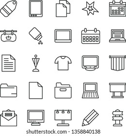 thin line vector icon set - laptop vector, monitor, calendar, clean sheet of paper, scribbled, folder, baby powder, received letter, T shirt, label, antique advertising signboard, pencil, tablet pc