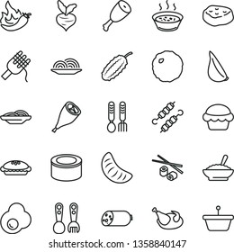 thin line vector icon set - plastic fork spoons vector, iron, sausage, canned goods, onion, slices of, spaghetti, cake, pie, a bowl buckwheat porridge, in saucepan, chicken, thigh, grill leg, piece