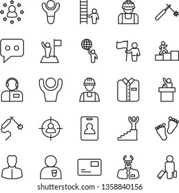 thin line vector icon set - footprints vector, builder, pass card, operator, folded shirt, welding, gas, woman, man in sight, think, scientist, winner, carrer stairway, hold world, with medal, flag