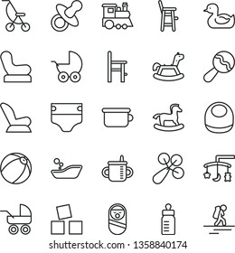 thin line vector icon set - toys over the cradle vector, dummy, mug for feeding, bottle, diaper, baby bib, beanbag, rattle, chair, car child seat, stroller, carriage, summer, rubber duck, bath ball