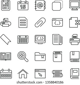 thin line vector icon set - monitor window vector, clip, bookmark, zoom, folder, book, e, books, home, calendar, address, delete page, copy, statistical report, wall, newspaper, printer, browser