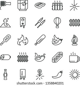 thin line vector icon set - electronic thermometer vector e, mercury, temperature, radiator, new, boiler, sausage, Hot Dog, noodles, chop, barbecue, chili, cup of tea, a glass, bottle soda, outdoor
