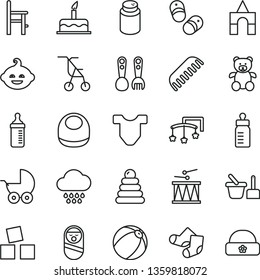 thin line vector icon set - toys over the cot vector, feeding bottle, measuring for, powder, baby bib, Child T shirt, stroller, sitting, bath ball, comb, cloud, stacking rings, Knitted Socks, cake
