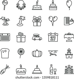 thin line vector icon set - daily calendar vector, colored air balloons, balloon, cake, birthday, gift, Easter, torte, Chupa Chups, lollipop, pumpkin, wall, sand castle, wine, champagne, car baggage