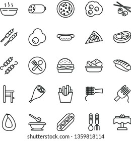 thin line vector icon set - plates and spoons vector, a chair for feeding, iron fork, sausage, stick of, pizza, piece, Hot Dog, mini, burger, spaghetti, noodles, porridge, lettuce in plate, bacon