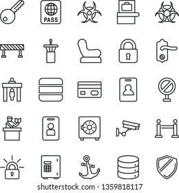 thin line vector icon set - prohibition vector, Baby chair, key, door knob, road fence, lock, anchor, passport, big data, strongbox, reverse side of a bank card, encrypting, biohazard, airport tower