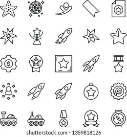 thin line vector icon set - bookmark vector, star gear, rocket, space, lunar rover, bang, cup, medal, hero, ribbon, certificate, dollar, stars around man, flying, disco ball, starfish, compass