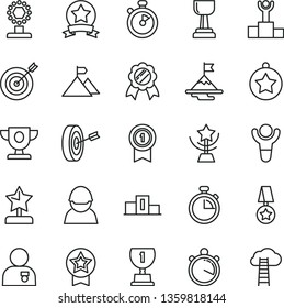 thin line vector icon set - stopwatch vector, racer, winner, pedestal, podium, prize, award, cup, gold, star, reward, man with medal, motivation, mountain flag, target, purpose, pennant, ribbon